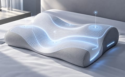 Pillow on a bed with a fine line pattern across its surface.